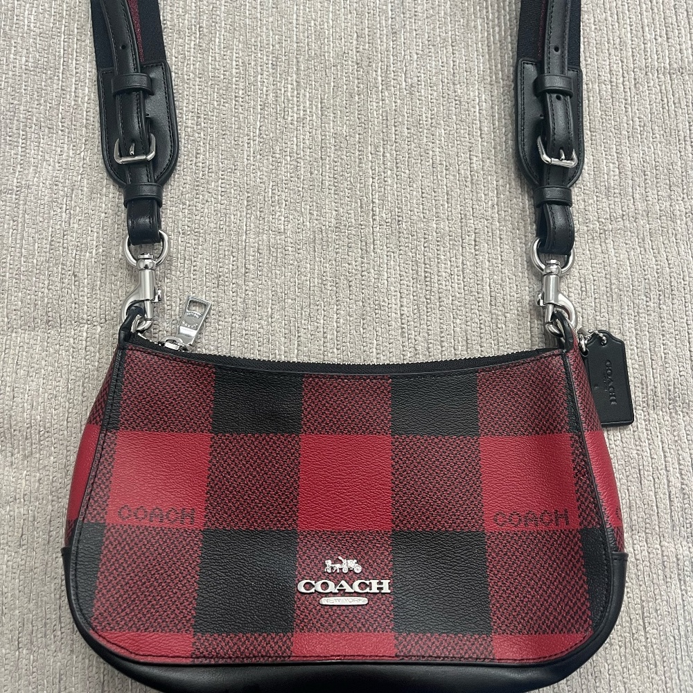 Coach C6818 Jes Baguette Crossbody With Buffalo Plaid Print in Black/ Red
